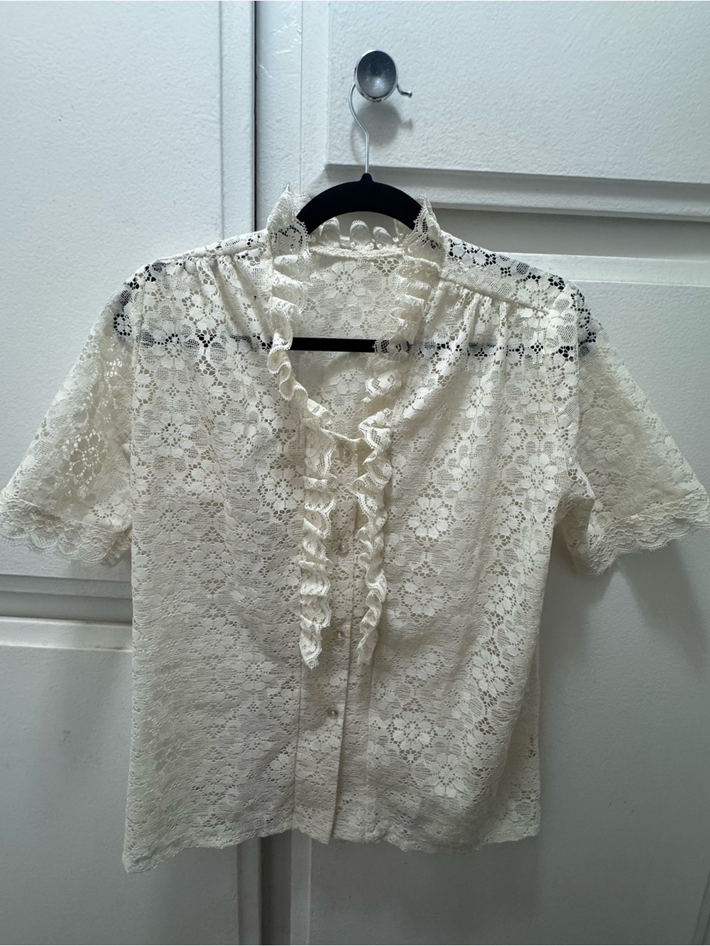 Women's Cream Lace Ruffle Front Blouse